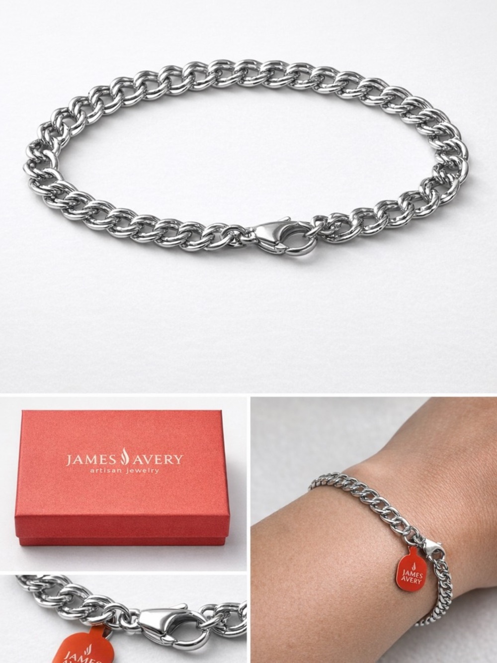 James Avery Sterling Silver Curb Bracelet with Red Heart Charm